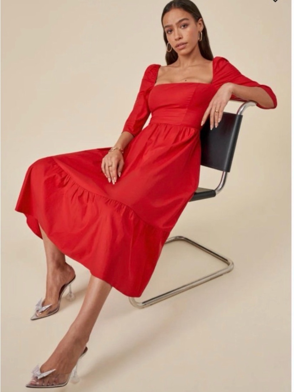 Reformation Red Square-Neck Midi Dress